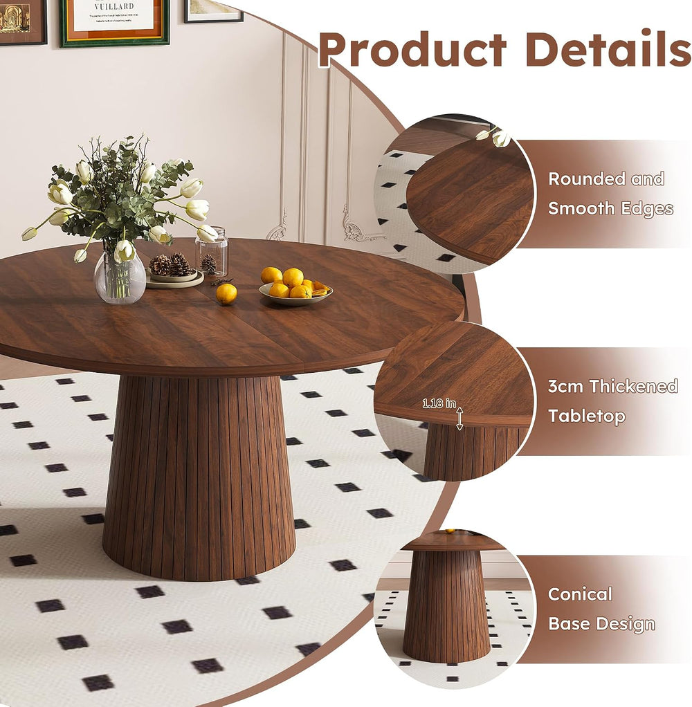 Round Dining Room Table, Farmhouse Kitchen Table with Wood Strip Base, 47.2“ ...
