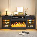 oneinmil 80" Fireplace TV Stand with 3-Sided Glass Fireplace, Modern Wood Entertainment Center with LED Lights and Glass Door, 36" Fire Place TV Stands for Living Room, Black