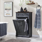Tilt Out Trash Can Cabinet, 10 Gallon Farmhouse Laundry Hamper Cabinet with Drawer, Hidden Wooden Trash Garbage Can Bin with Storage Basket for Kitchen, Living Room (Dark Grey)