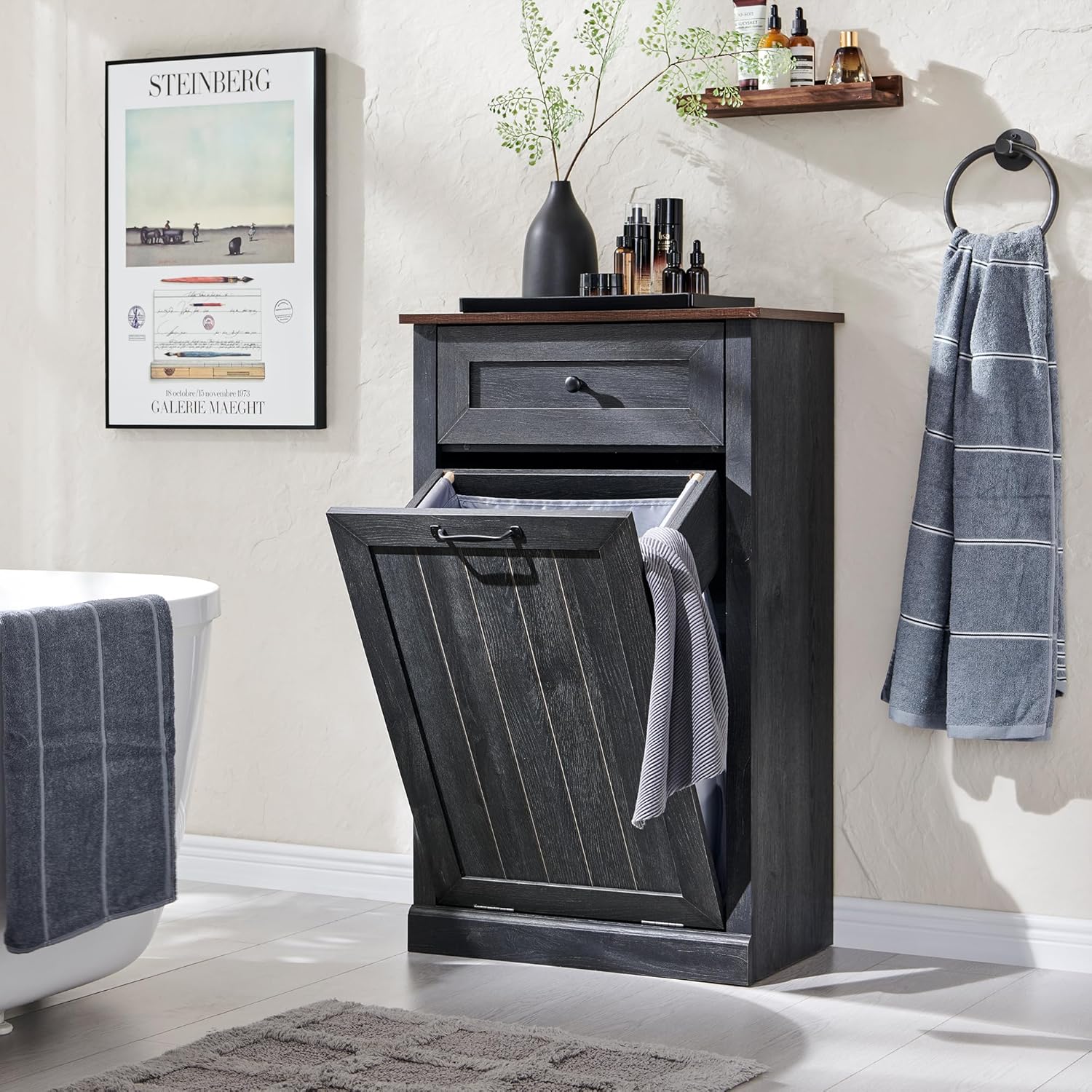 Tilt Out Trash Can Cabinet, 10 Gallon Farmhouse Laundry Hamper Cabinet with Drawer, Hidden Wooden Trash Garbage Can Bin with Storage Basket for Kitchen, Living Room (Dark Grey)