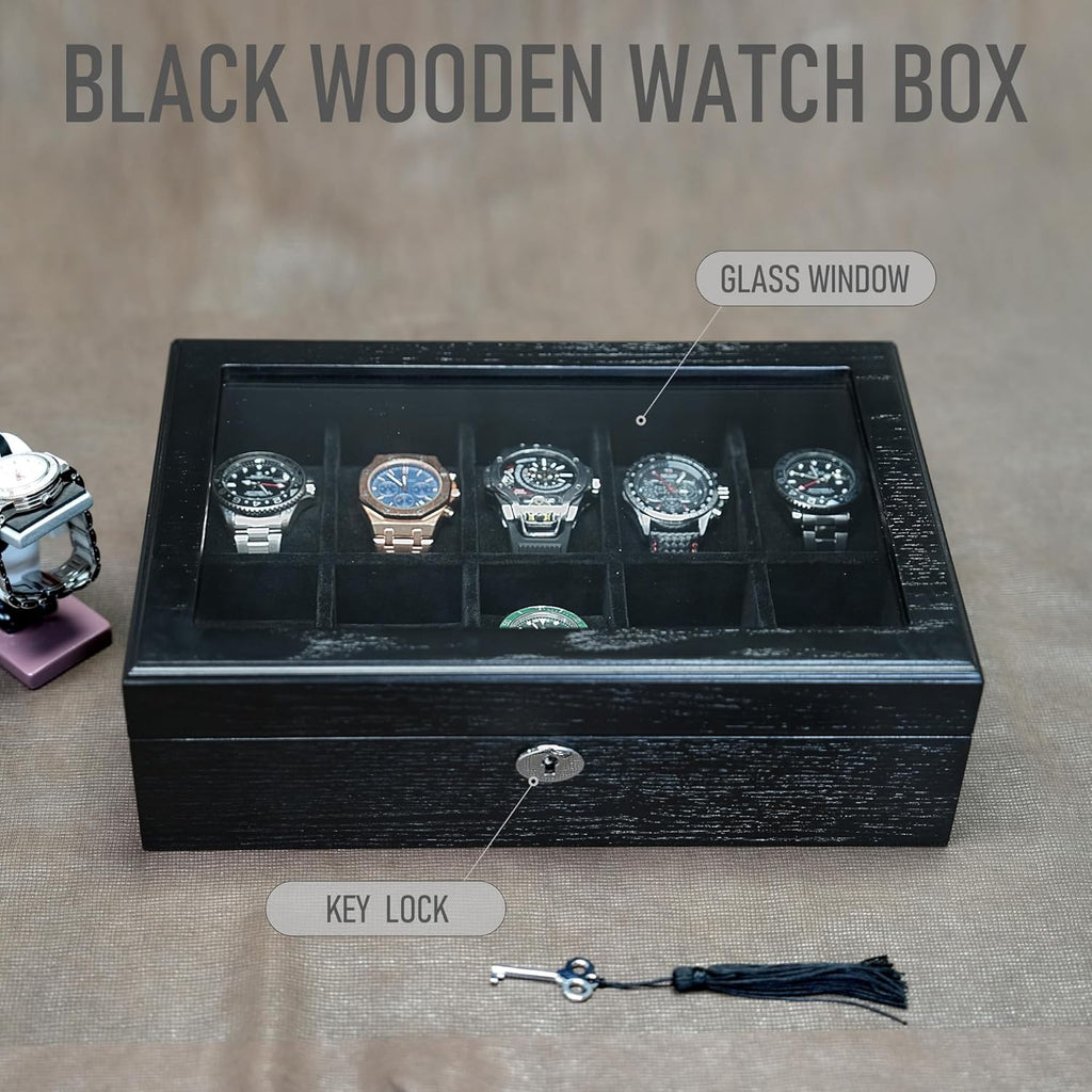 10 Watches Box for Men Watch Display Case, Black Wood Luxury Watch Organizer with Large Glass Window, Ultra Smooth Suede Interior (10W-BB)