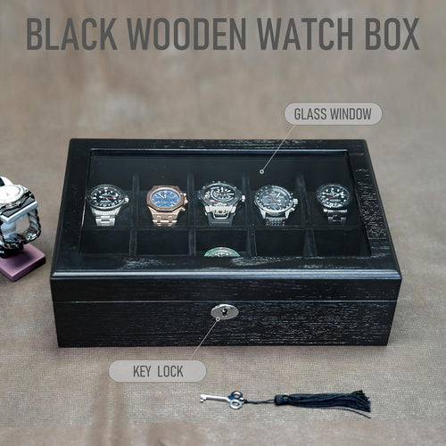 10 Watches Box for Men Watch Display Case, Black Wood Luxury Watch Organizer with Large Glass Window, Ultra Smooth Suede Interior (10W-BB)