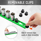 ALOANES 6-Piece Magnetic Socket Organizer, Heavy Duty Aluminum Socket Rails Organizer, 360° Swivel Clips Socket Holder Kit for Tool Box, 1/2, 3/8, 1/4-Inch Socket Holder x 80 Clips (Green&Blue)