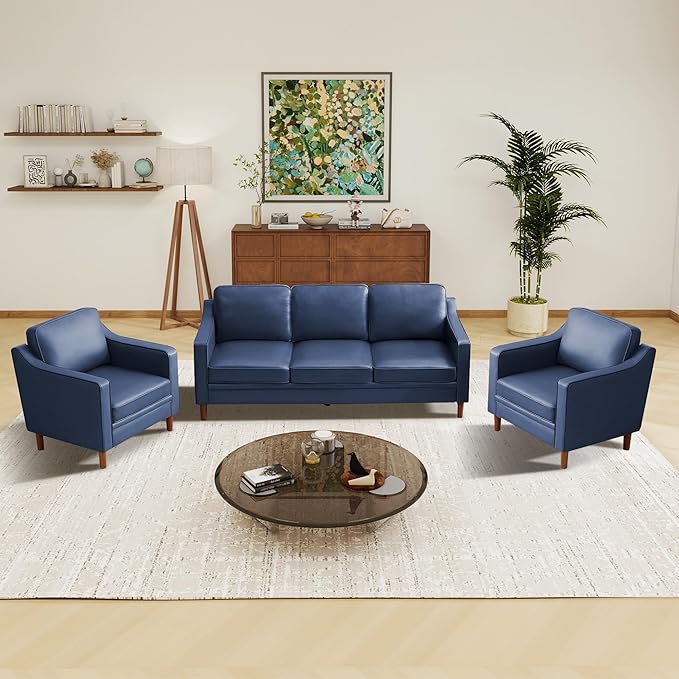 Kingfun Living Room Furniture Sets, 3 Seater Couch and Loveseat, Mid Century Modern Sofa Set, Faux Leather Couch with Solid Wood Frame for Living Room & Bedroom, Blue