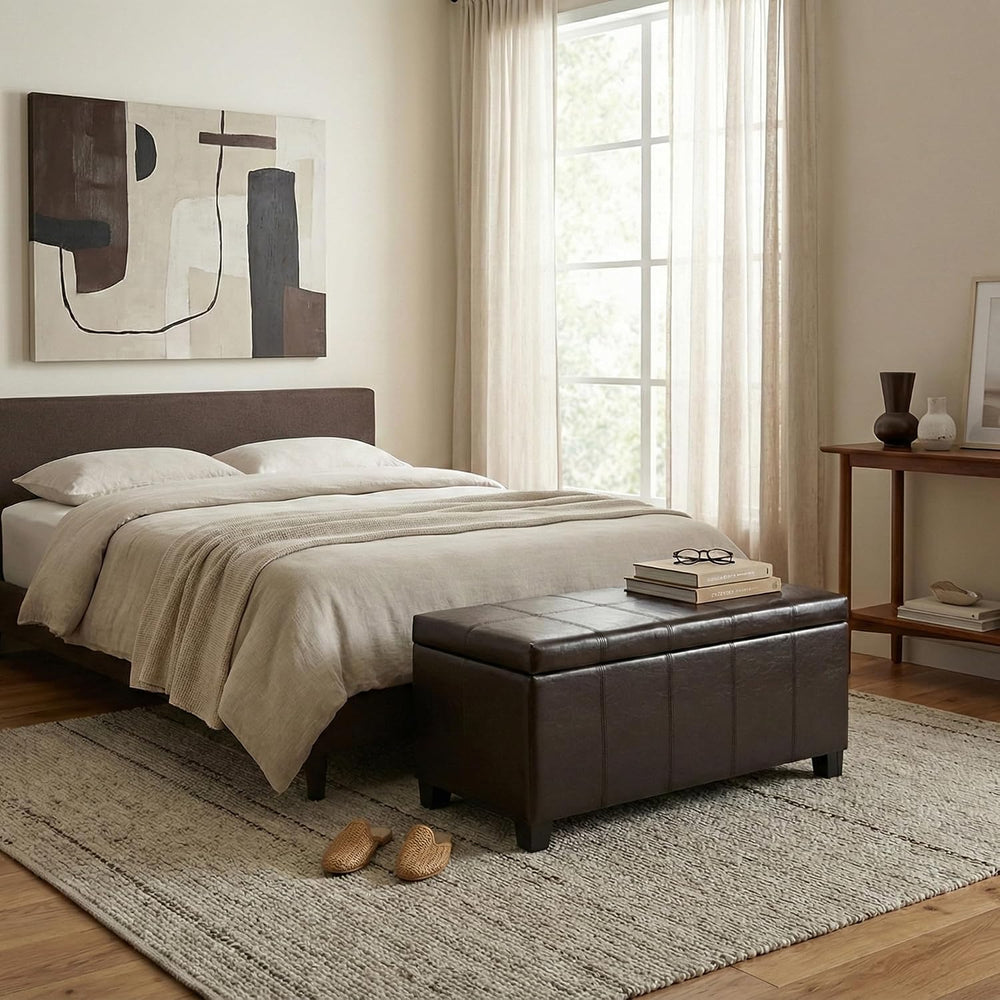 SIMPLIHOME Dover 36" Wide Vegan Leather Storage Ottoman in Tanners Brown...