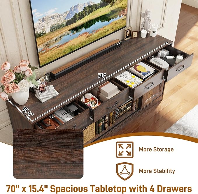 St.Mandyu 70" Large Farmhouse TV Stand for 85/80/75/70 Inch TVs w/4 Drawers,Rustic Tall Media Console w/Sliding Barn Door, Adjustable Shelves,Tall Entertainment Center for Living Room,Brown