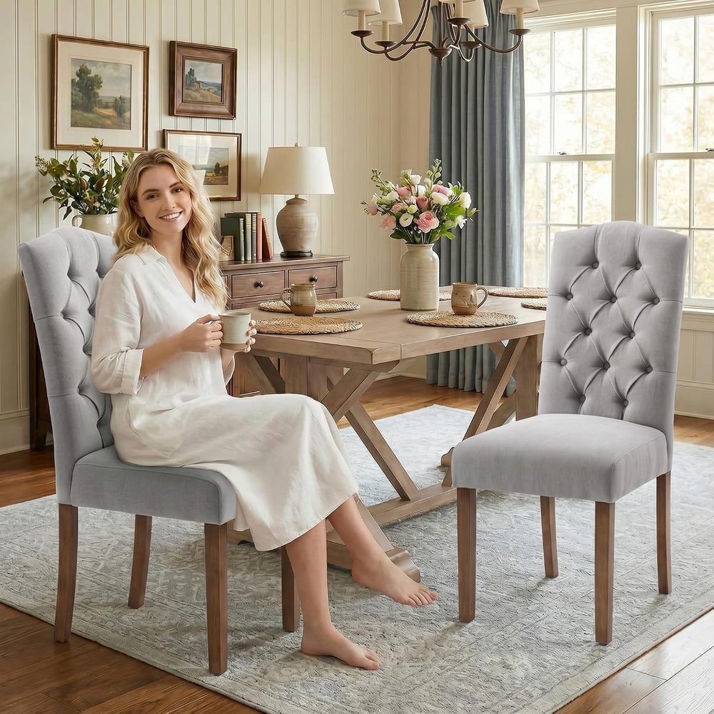 Tufted Upholstered Parsons Dining Chair Set Fabric Diner Accent Stylish Moder...