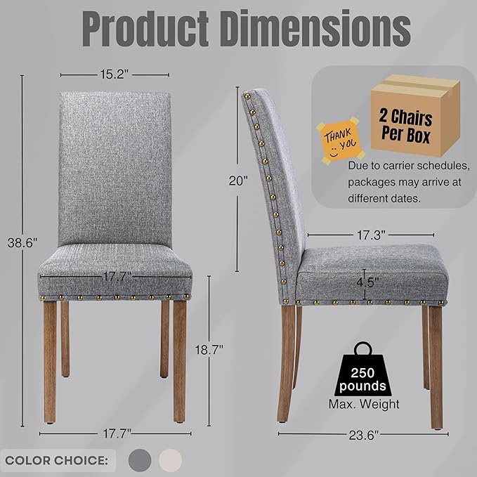 Upholstered Dining Chair Modern Stylish Parsons Kitchen Diner High Back with Bronze Nailhead Trim & Wood Legs, Set of 4, Grey