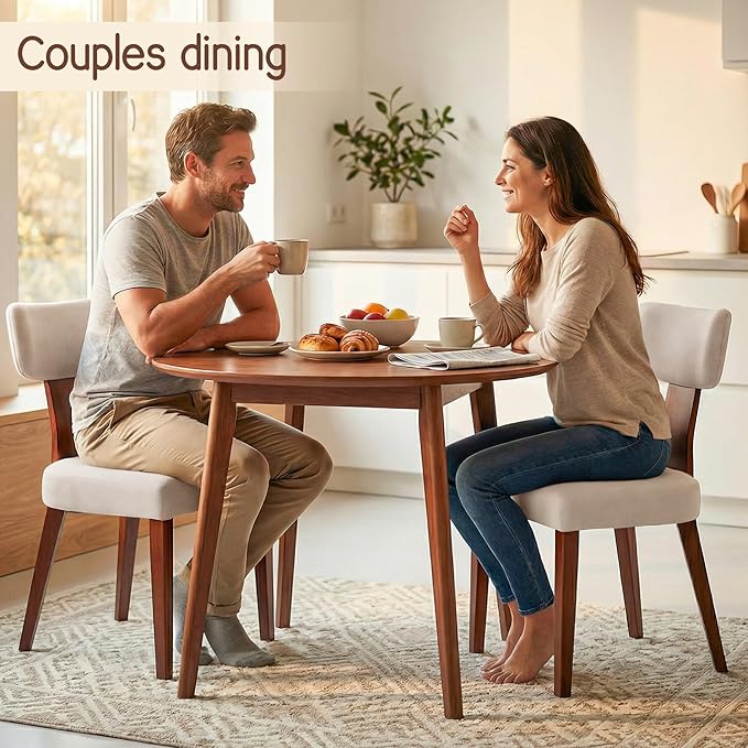 Dining Chairs Set of 2, Mid-Century Modern Upholstered Kitchen Chairs with Curved Backrest and Linen Fabric Seat, Wood Leg Accent Chairs for Dining Room, Living Room, Bedroom, Linen Beige