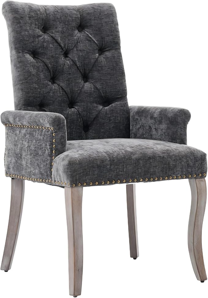 Upholstered Tufted Chenille Dining Chairs with Arms & Nailhead Trim – Sol...