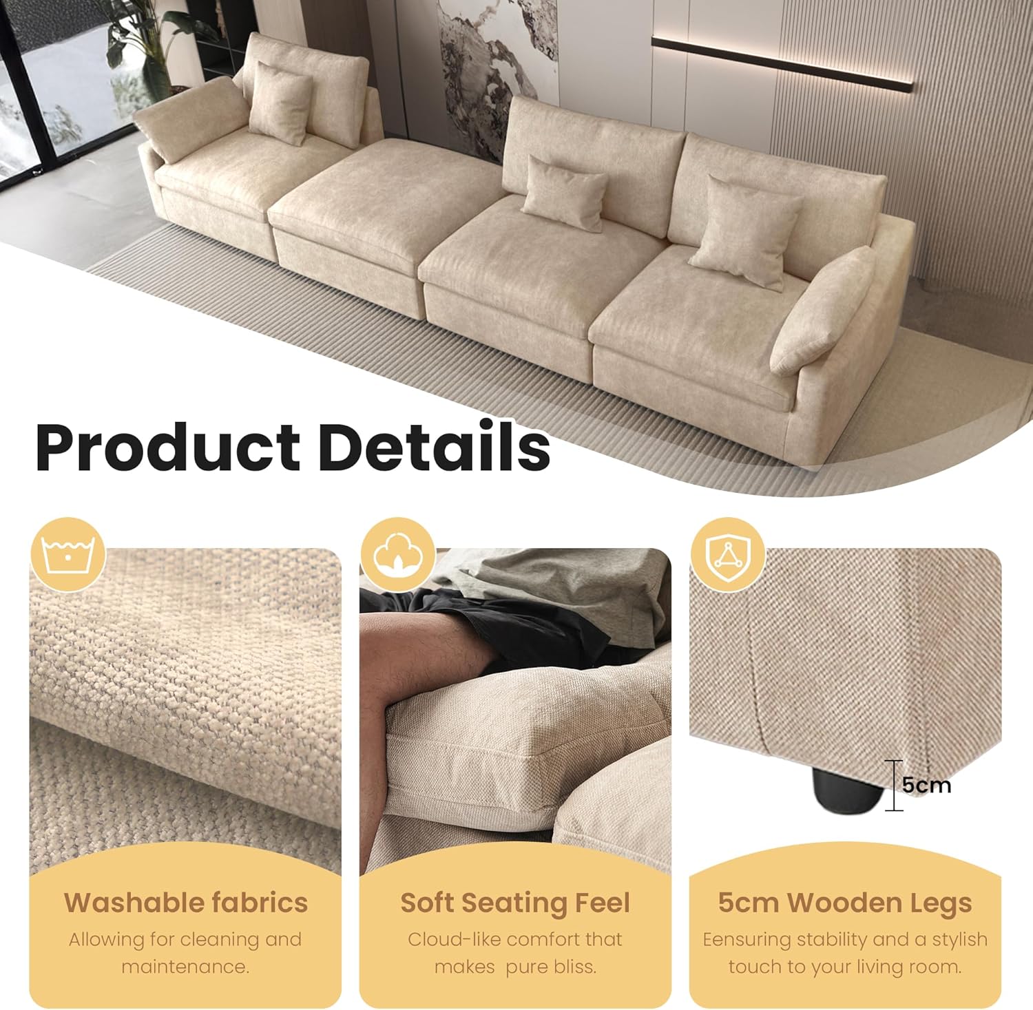 156" Cloud Modular Sectional Sofa Couch,U Shaped Couch with Ottoman,Down Filled 8 Seater Convertible Sleeper Bed Living Room Set,Covers Washable&Replaceable (Khkai)