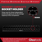 Olsa Tools Magnetic Socket Organizer (1/2-Inch Drive, 3 Row) - Magnetic Tool Organizer & Socket Holder - Tool Box Socket Organizers - Metric Black - Holds 54 Sockets - Professional Grade - Part: 1552