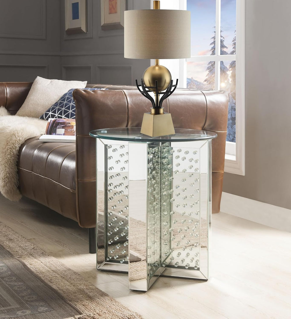 Nysa Modern 21" Round Mirrored End Table with Faux Crystal Inlay, Glam X...