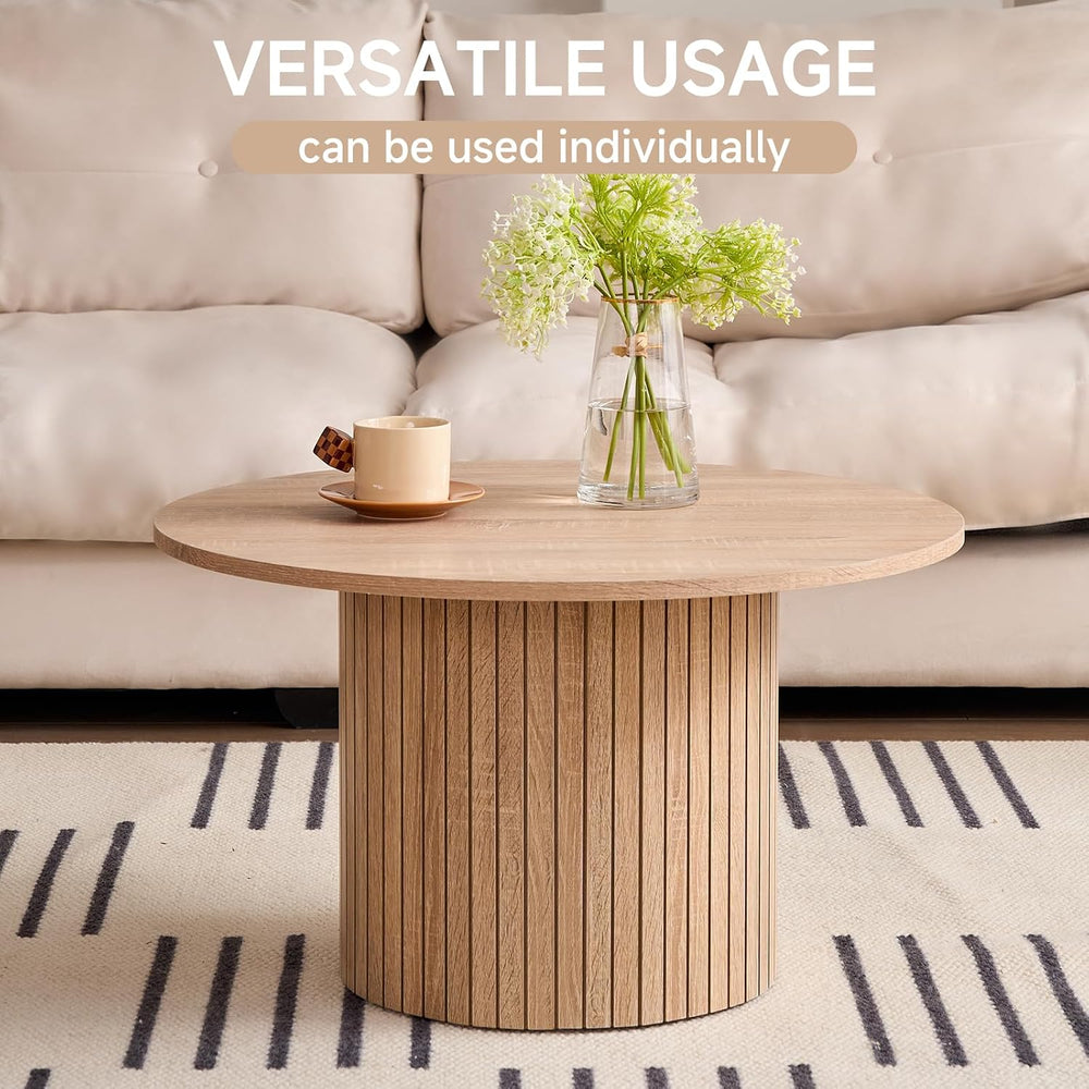 Round Nesting Coffee Tables Set of 2, Mid Century Modern Small Wood Side Tabl...
