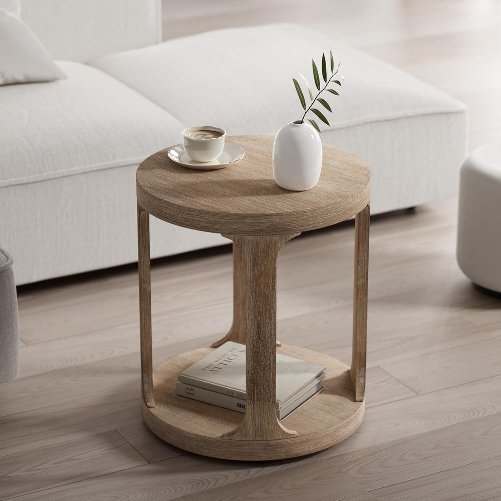 COZAYH Farmhouse Small End Table Wood Round Side Table for Small Space Rustic...