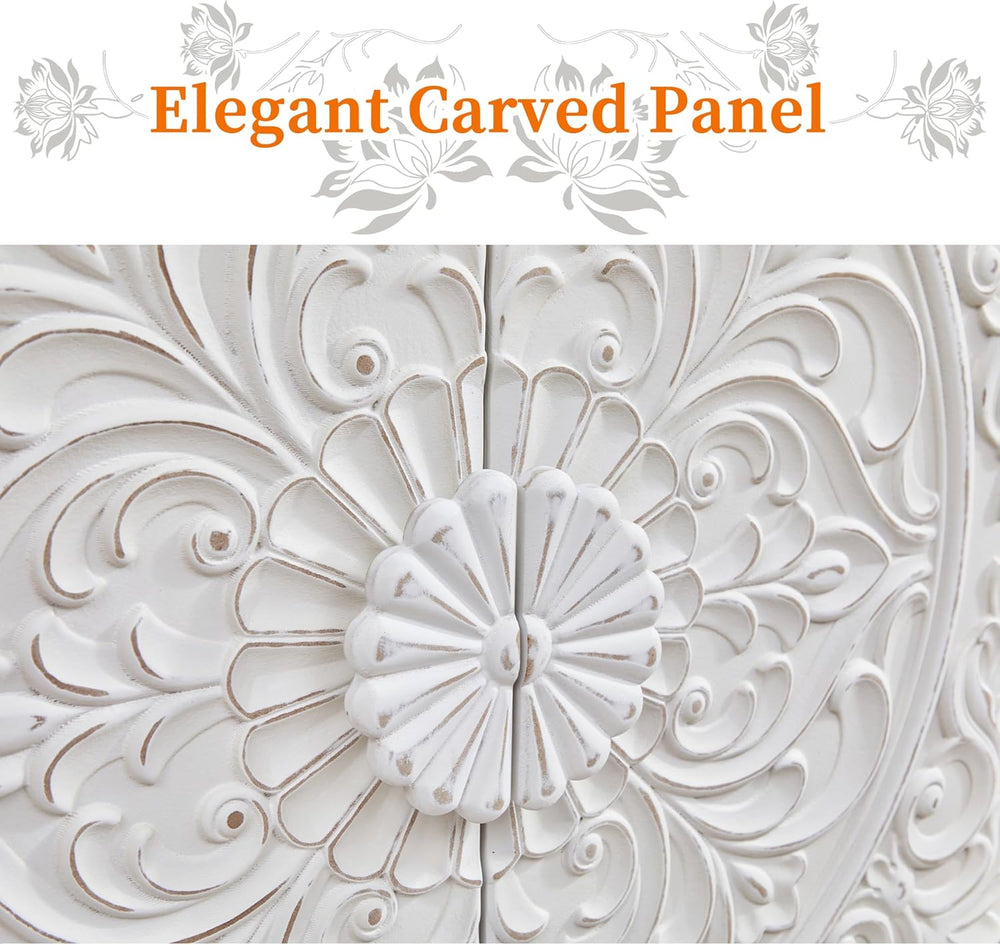 White Distressed Carved Accent Cabinet,2 Door Vintage Storage Sideboard
