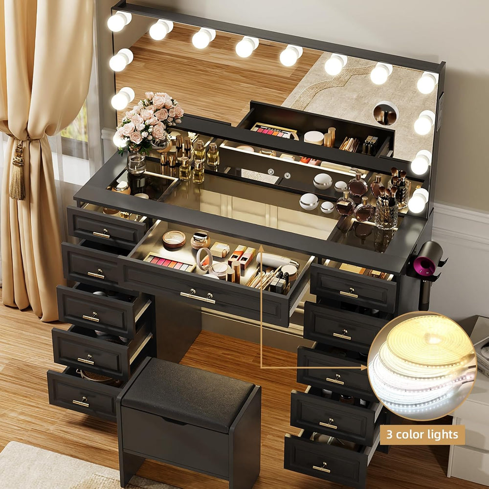 VOWNER Vanity with Lighted Mirror, Makeup Vanity Desk w/Bluetooth Speaker | G...