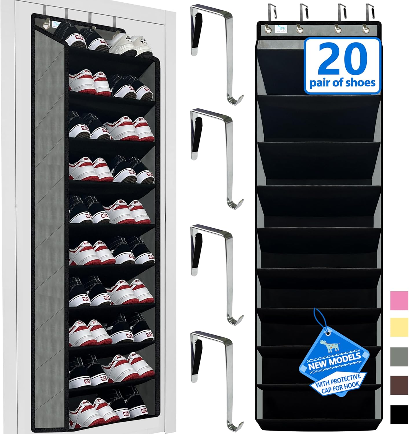 Shoe Organizer,70 Pounds Large Capacity,20-30-Pair Over The Door Shoe Organizer,10 Tiers Shoe Rack for Closet,New Upgrade Anti-Scratch Heavy Duty Hook and Bamboo Material Baffle,Grey/Black