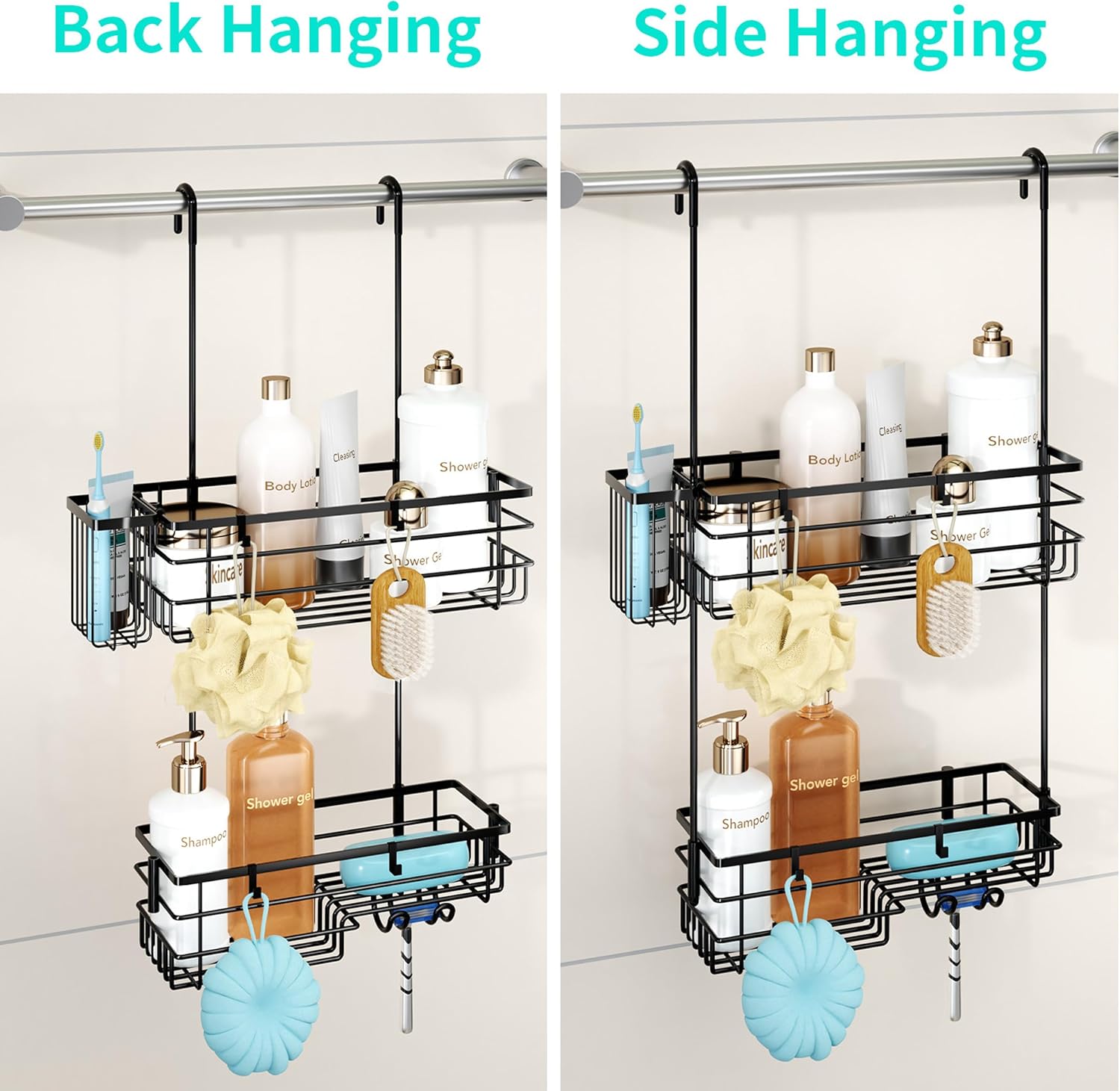 HapiRm Hanging Shower Caddy Organizer - No Drilling Shower Shelves with Hooks and Toothbrush Holder, Rustproof 304 Stainless Steel Bathroom Organizer - Black