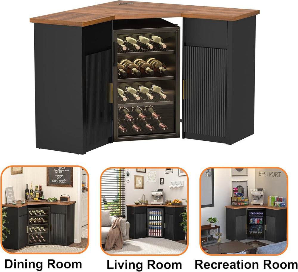 GDLF Corner Coffee Bar with Fridge Space, L Shaped Liquor Cabinet,Black | L-S...