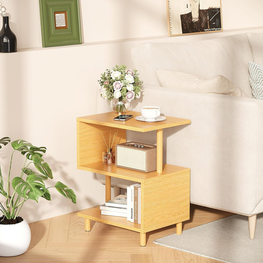 Apicizon S-Shaped Side Table, 3-Tier Nightstand with Solid Wood Legs, Slim Be...