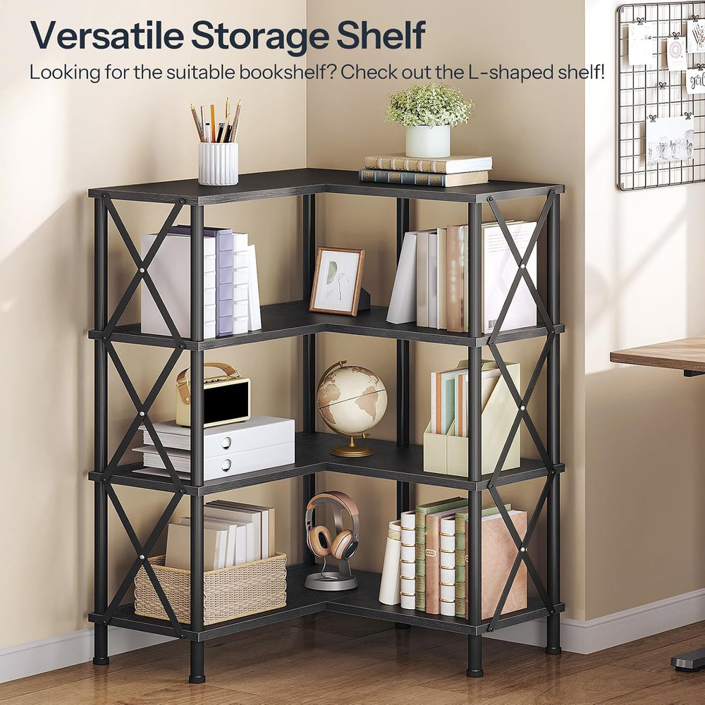 HOOBRO Corner Bookshelf, 4-Tier L-Shaped Bookcase, Industrial Open Display Sh...