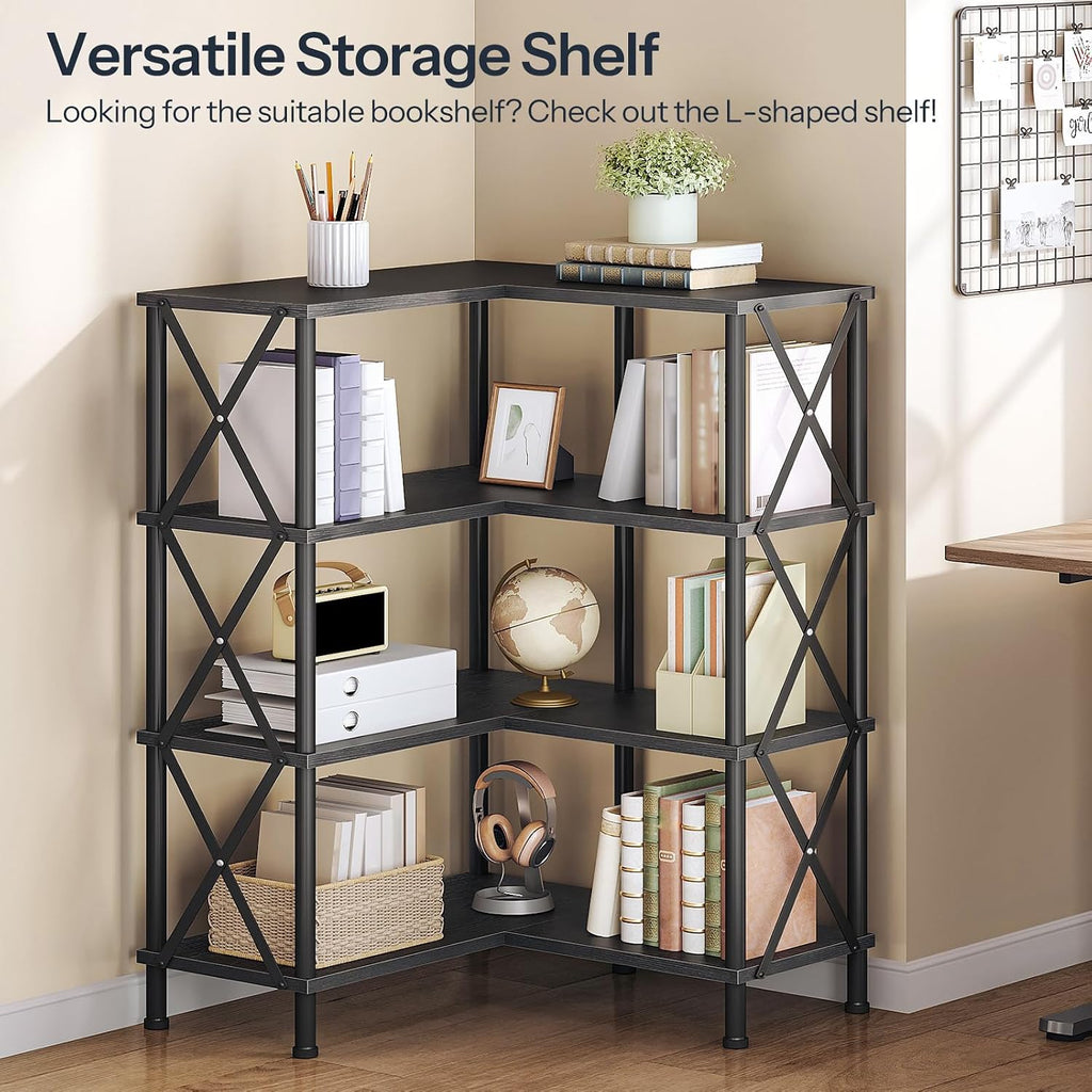 HOOBRO Corner Bookshelf, 4-Tier L-Shaped Bookcase, Industrial Open Display Shelf Tall Storage Organizer, Vertical Storage Rack, for Living Room, Home Office, Black BB59SJ01