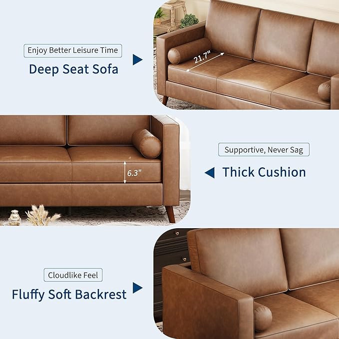 GAOMON 81" Leather Couch for Living Room, Mid Century Modern 3-Seater Sofa with Deep Seat, Faux Leather Sofa for Apartment, Home Office, Brown