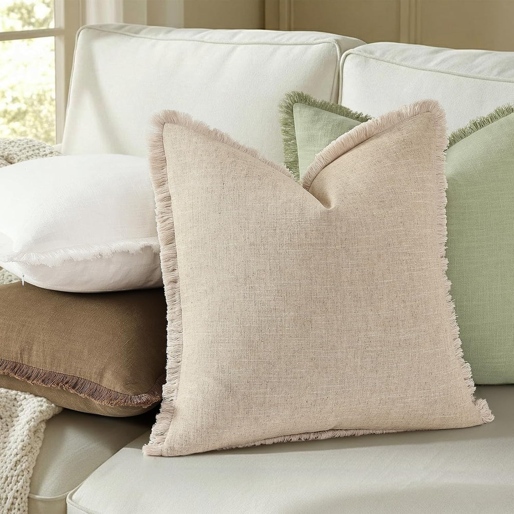 decorUhome Linen Fringe Cream White Throw Pillow Covers 24x24 Set of 2