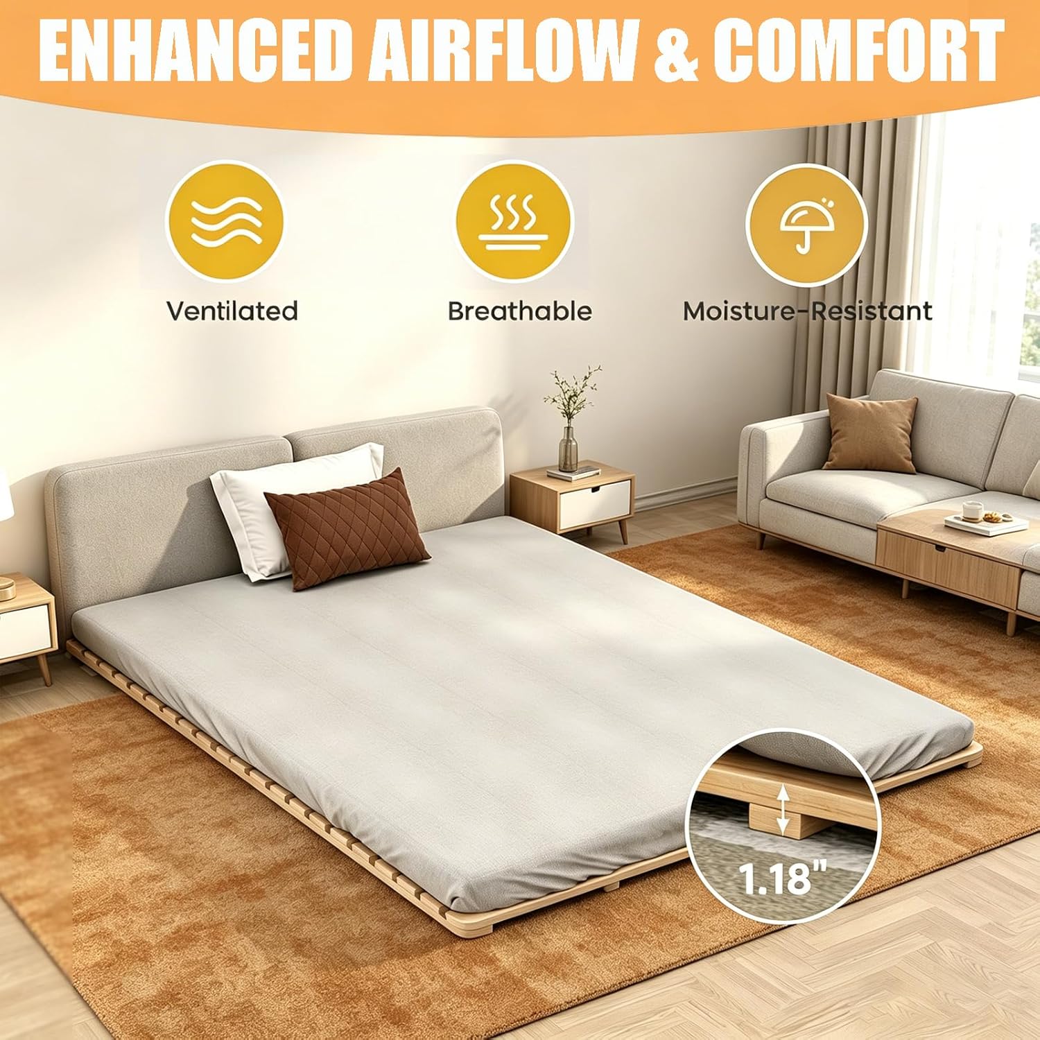 LILYPELLE Floor Bed Frame, Solid Wood Japanese Tatami Bed Frame, Foldable & Breathable & Moisture-Proof Bed Plate for Futon Mattress or Floor Sleeping, Standard Queen