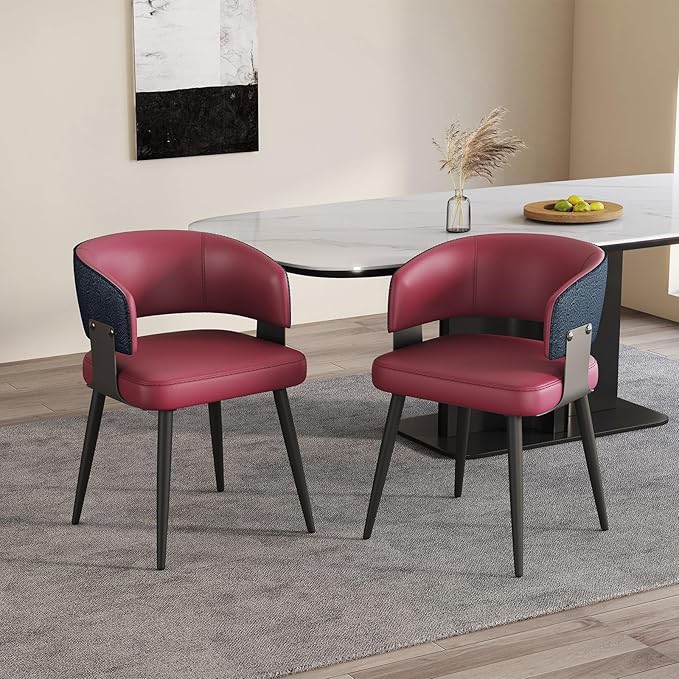 Modern Dining Chairs Set of 2, Upholstered Faux Leather Kitchen Side Chairs with Curved Open Back, Easy Assembly for Dining Room, Restaurant, Cafe, Magenta