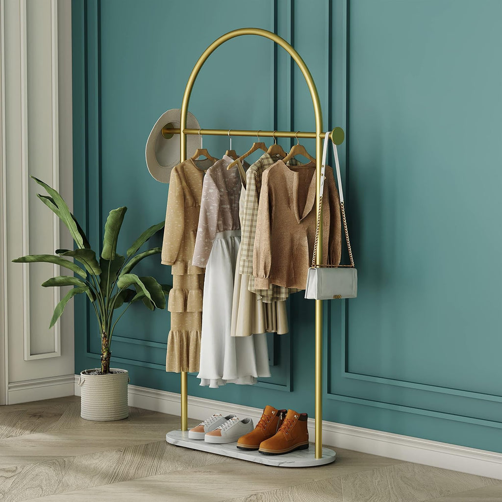 HKaikzo Gold Clothing Rack with Real Marble Base – 67" Freestanding Garment Display Stand, Holds 150+ lbs, Modern Metal Coat Rack for Boutique Store, Entryway, Bedroom & Small Spaces
