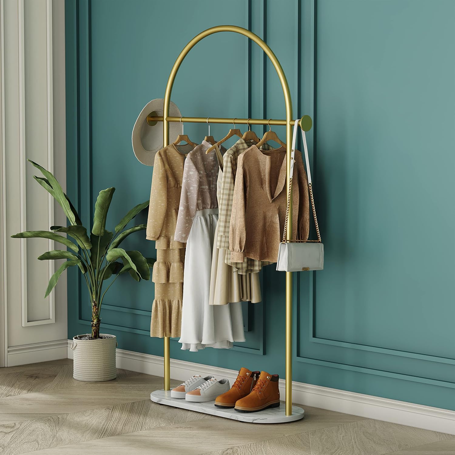 HKaikzo Gold Clothing Rack with Real Marble Base – 67" Freestanding Garment Display Stand, Holds 150+ lbs, Modern Metal Coat Rack for Boutique Store, Entryway, Bedroom & Small Spaces