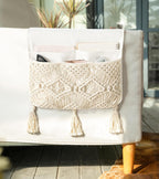 Mkono Macrame Couch Organizer Remote Control Caddy Sofa Armrest Armchair Bedside Storage Holder Bag for TV Remote, Magazine, Books, Cell Phone, iPad, Boho Living Room Home Dorm Decor, Beige, Large