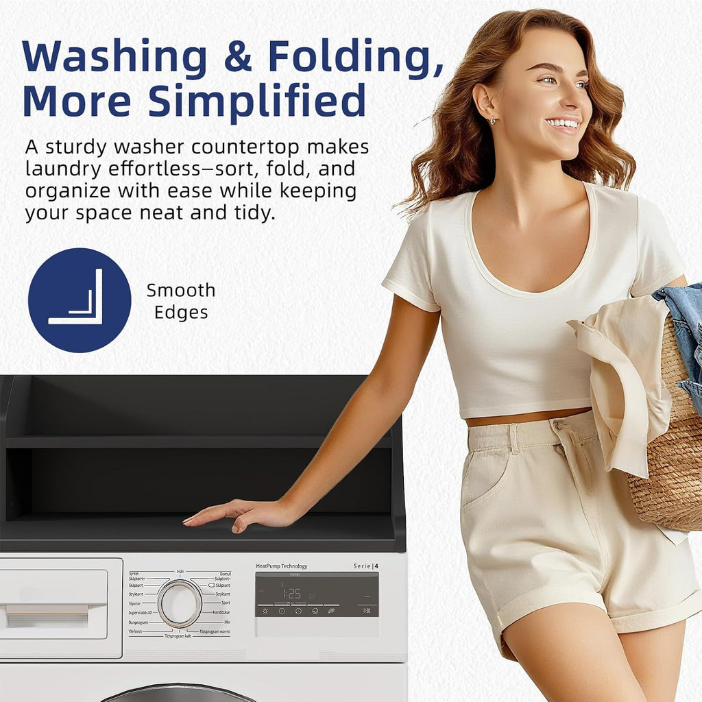 Memobarco 2 Tiers Washer Dryer Countertop, 54" Width x 27.5" Depth Laundry Countertop Organization, Wooden Washer and Dryer Topper for Folding, Sorting & Ironing, Easy to Install, Black