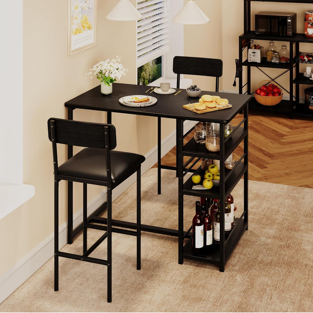 Bar Table and Chair Set with Three Shelves Small 2-Person Dining Table with 2...