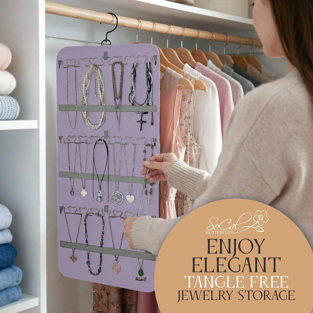Hanging Jewelry Organizer Storage with Hanger Metal Hooks Double-Sided Jewelry Holder- Wall Mount Holder for Earrings, Necklaces, Rings on Closet, Wall, Door, 1 piece, Large, Pink