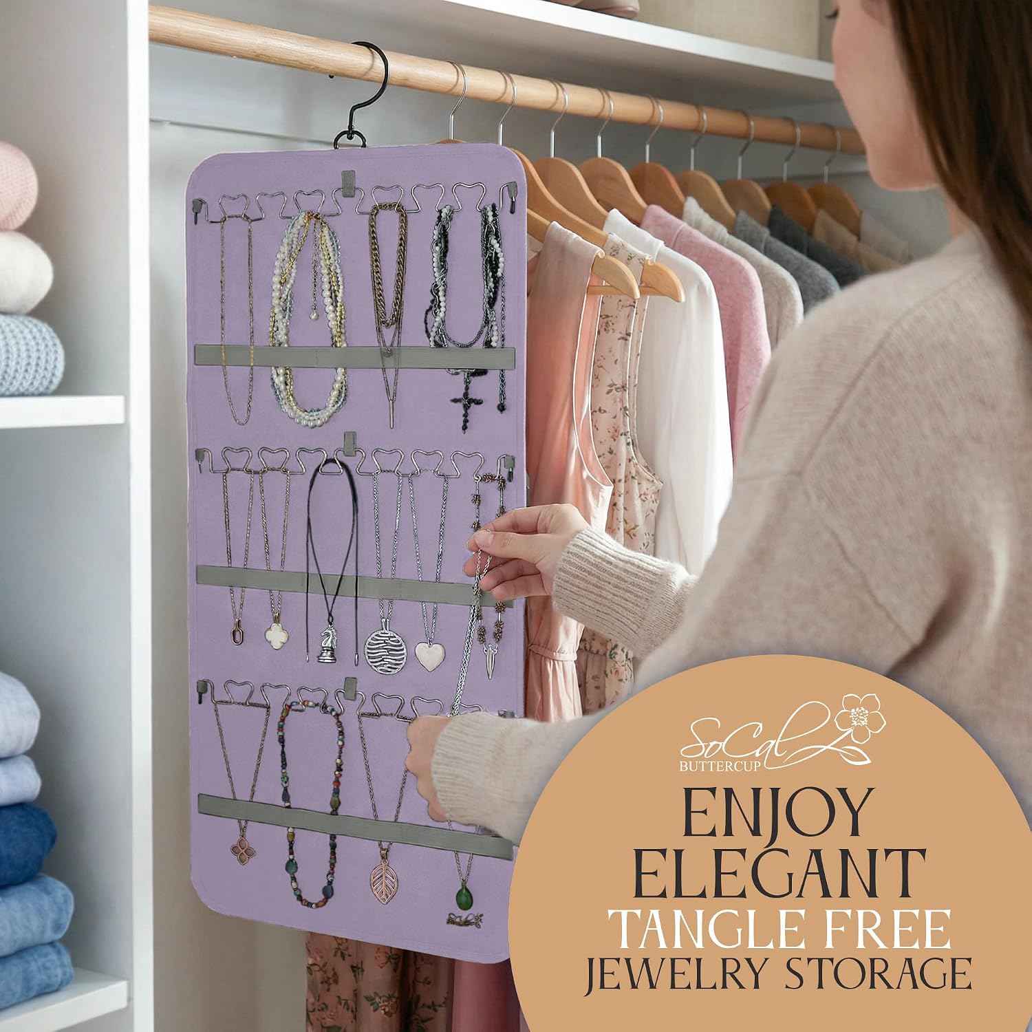 Hanging Jewelry Organizer Storage with Hanger Metal Hooks Double-Sided Jewelry Holder- Wall Mount Holder for Earrings, Necklaces, Rings on Closet, Wall, Door, 1 piece, Large, Pink