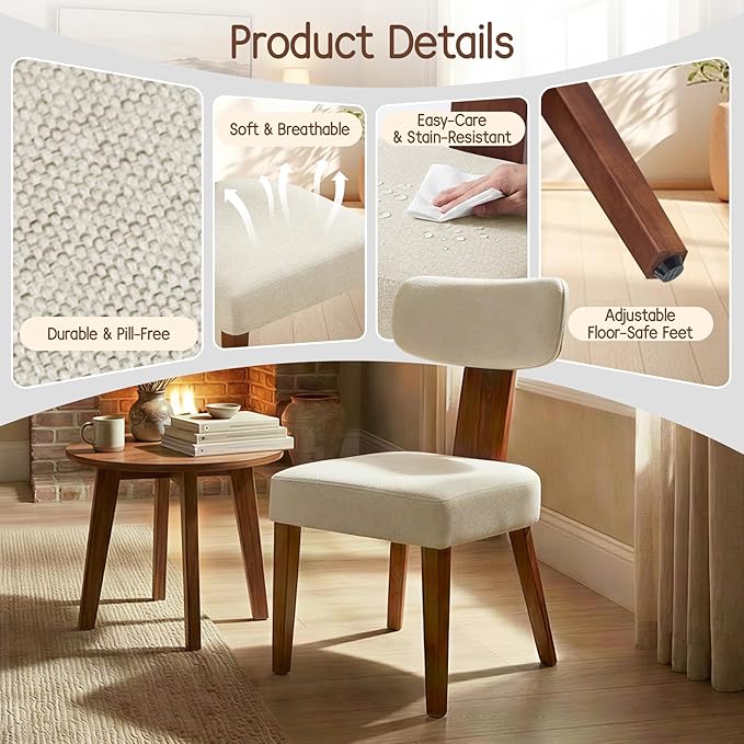 Dining Chairs, Mid-Century Modern Upholstered Kitchen Chairs with Curved Backrest and Linen Fabric Seat, Wood Leg Accent Chairs for Dining Room, Living Room, Bedroom, Linen Beige