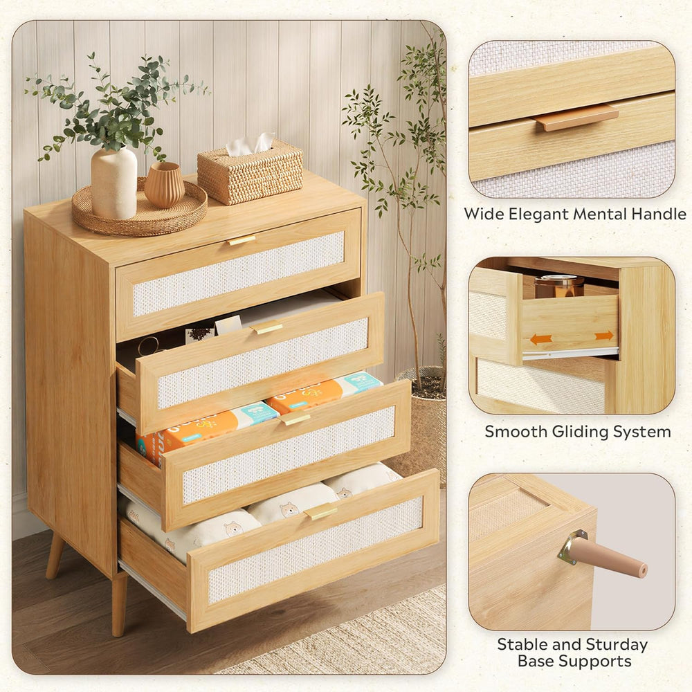 Rattan TV Stand, 4-Drawer Wooden Boho Media Console with Gold Metal Handles, ...