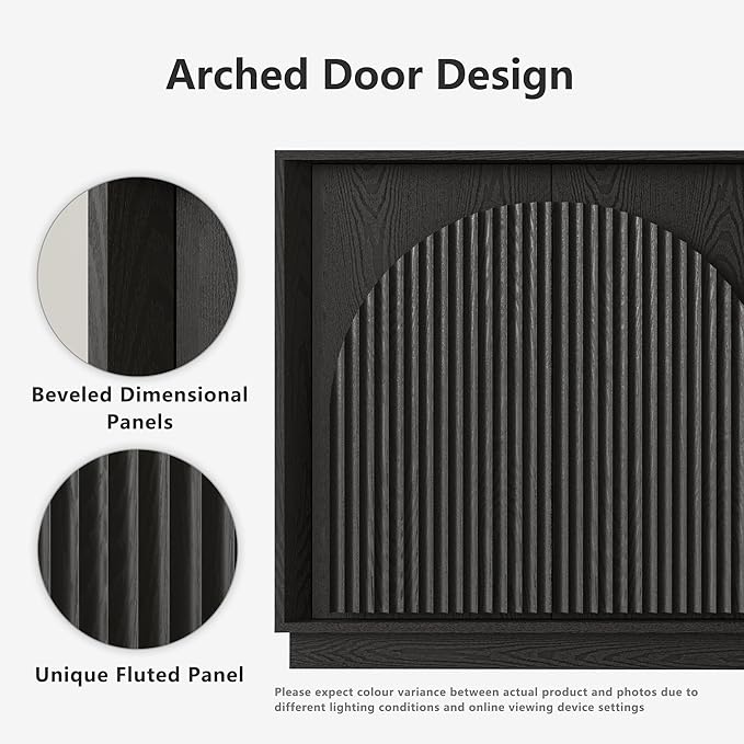 WIN2WIN 65" Fluted Sideboard Buffet Cabinet with Storage, Modern Credenza with Double-Layered Arch Doors, Wood TV Media Console Table Accent Cabinet for Living Room Dining Room Hallway Entryway, Black