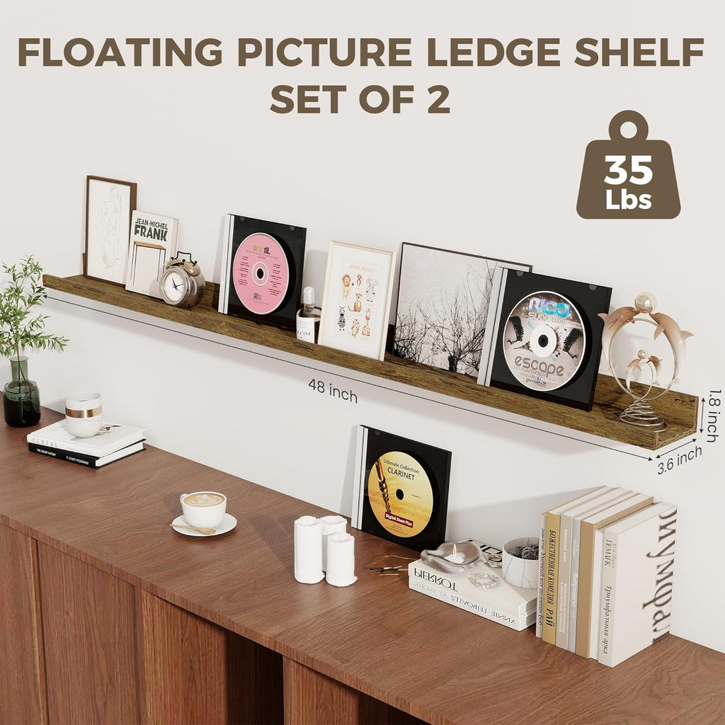 Axeman 48 Inch Floating Shelves for Wall | Picture Ledge Shelf Set of 2 | Rustic Brown Picture Shelf for Wall with Ledge | Floating Shelves with Lip | Photo Ledge Shelves for Books Album Records