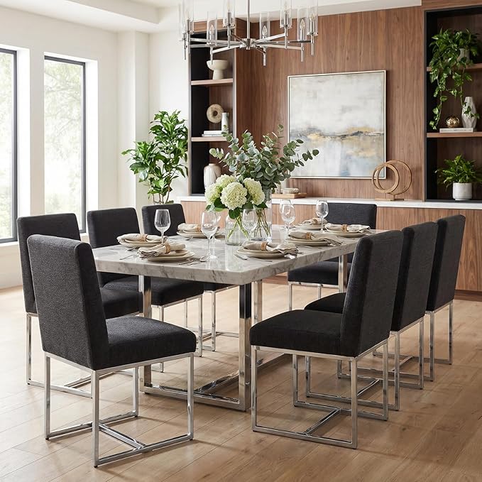CIMOTA Black Modern Dining Chairs Set of 8, Upholstered Dining Room Chairs Armless Guest Side Chair with Chrome Base for Dining Room/Kitchen, Charcoal Black, 8PCS