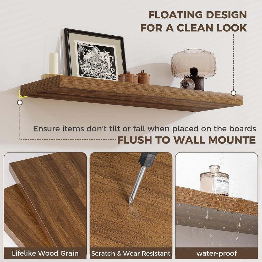 Fun Memories Deep Floating Shelves, 32W x 12D Walnut Wall Shelves, 32 Long Ru...