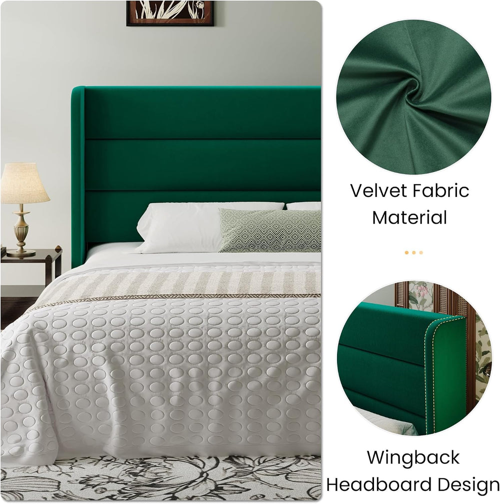 SHA CERLIN King Size Velvet Bed Frame with Wingback Headboard/Upholstered Pla...
