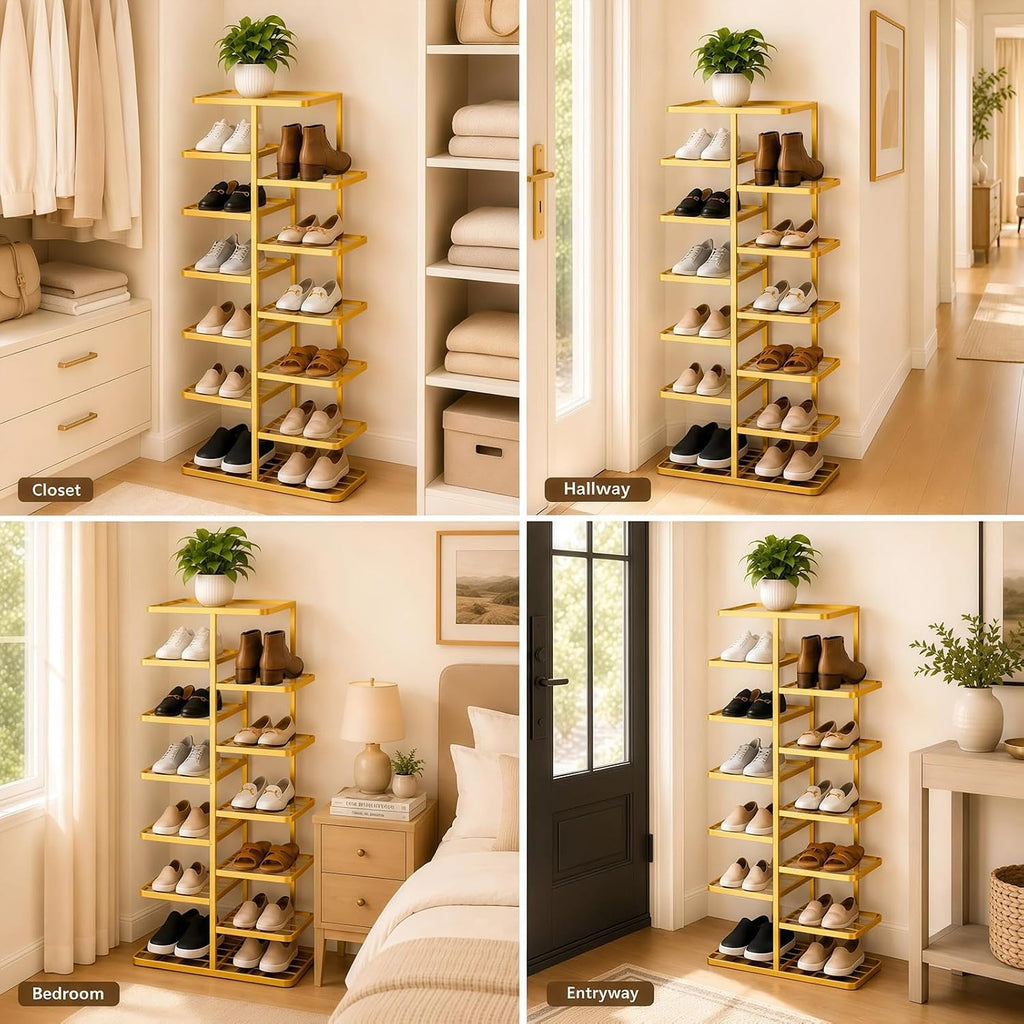 7 Tier Vertical Shoe Rack for Closet - Tall Narrow Metal Shoe Storage Tower with Staggered Shelves, Freestanding Shoe Organizer Stand for Entryway, Hallway, Bedroom and Small Spaces, Gold