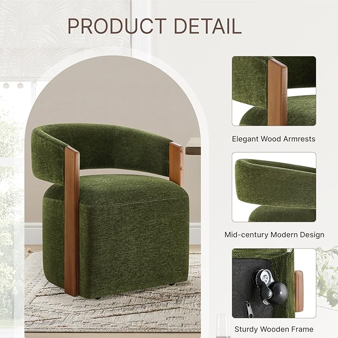 Upholstered Dining Chairs with Casters, Modern Barrel Side Armchair with Rollers & Wooden Armrest for Dining Room, Bedroom, Kitchen, Reading Room, Green, Set of 2