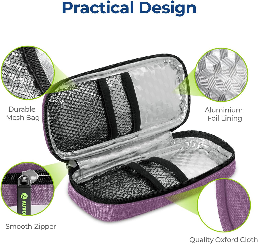 AUVON Insulin Pen Cooler Travel Case with 2 * 90g TSA Approved Ice Packs, Diabetic Medication Insulated Cooling Bag for Insulin Pens and Diabetic Supplies Storage, Compact for Daily Life and Trips