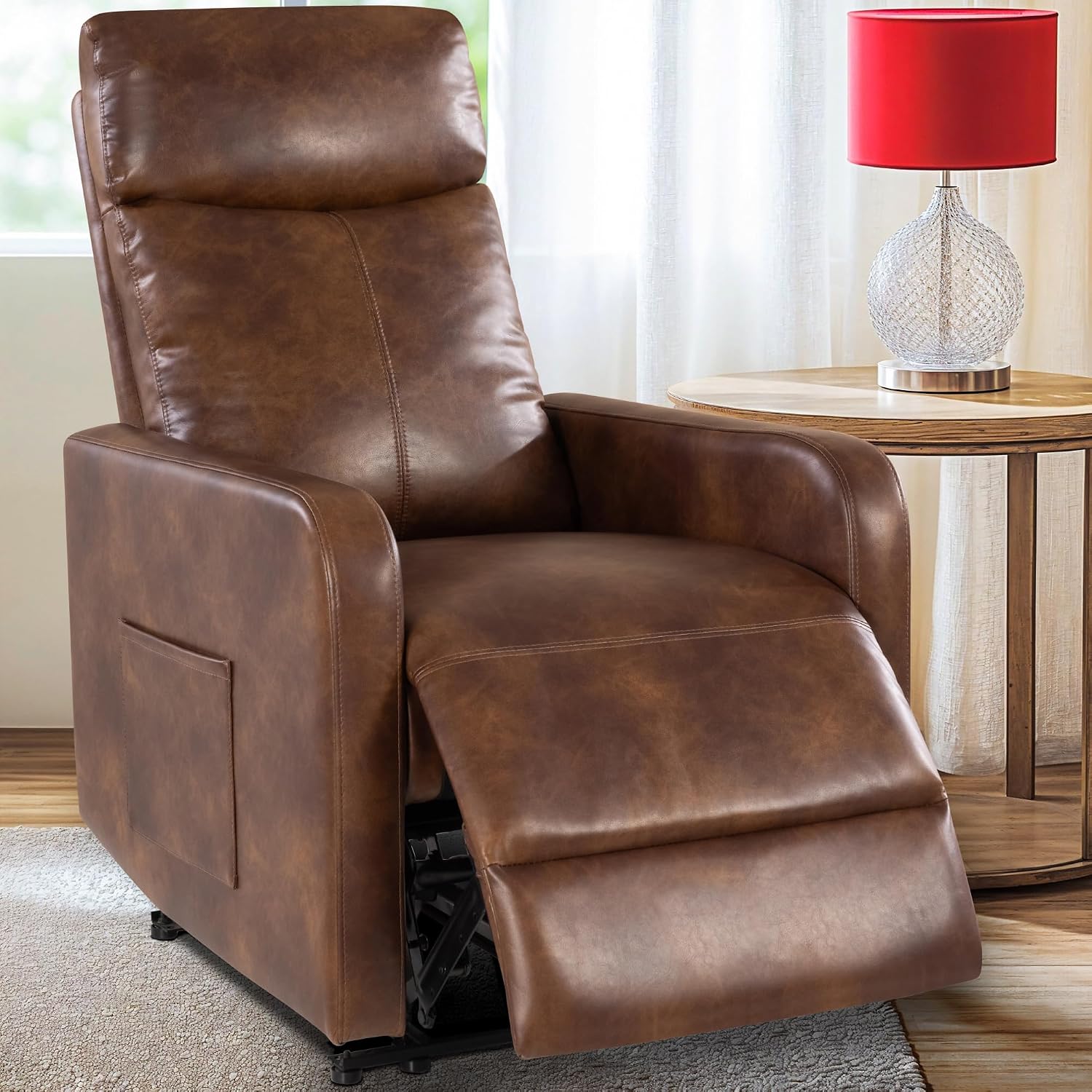 Zero Wall Power Recliner Chairs, Small Recliner for Small Spaces and Petite People Man Woman (1, Faux Leather Light Brown)