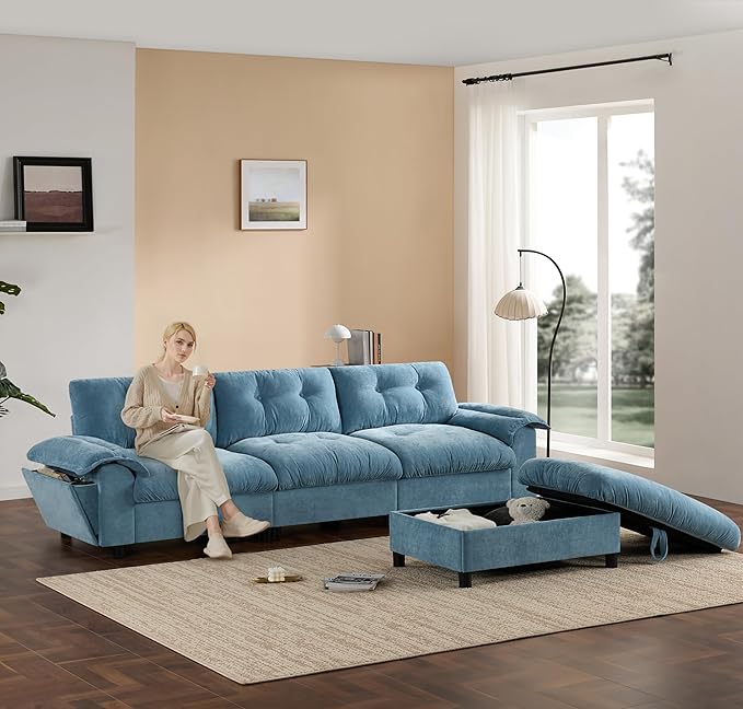 Ball & Cast Modular L Shaped Sectional Sofa with Movable Storage Ottoman and Dual-Port Charging,4 Seater Comfy Cloud Couch W/Side Storage Pockets & Cup Holder,for Living Room,Apartment,Light Blue,104"